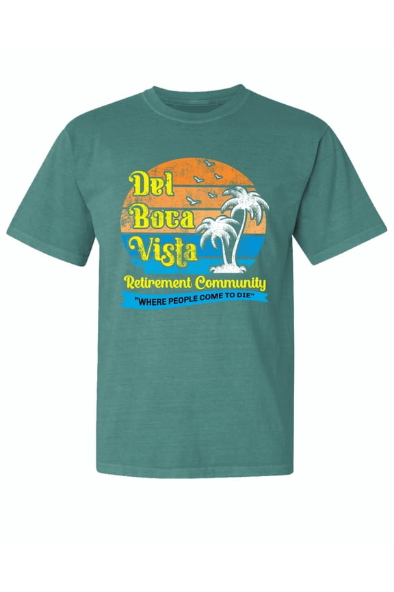 ,Del Boca Vista Seinfeld Retirement Community, Streetwear, Garment-Dyed Washed Look Short Sleeve T-Shirt, Emerald, X-Large