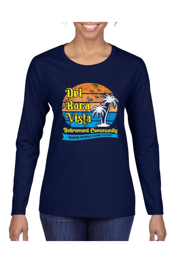 ,Del Boca Vista Seinfeld Retirement Community, Streetwear, Women Graphic Long Sleeve Tee, Navy, X-Large