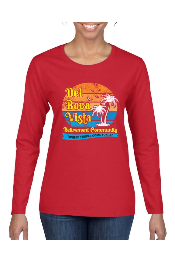 ,Del Boca Vista Seinfeld Retirement Community, Streetwear, Women Graphic Long Sleeve Tee, Red, Large
