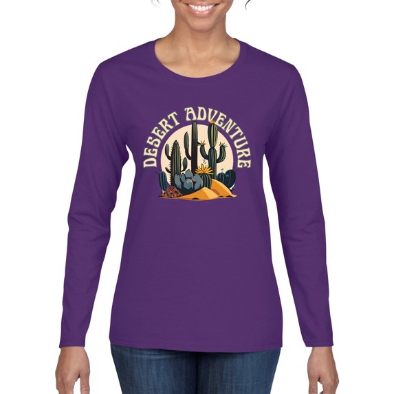 Wild Bobby Desert Adventure Cactus Nature Lover Women Graphic Long Sleeve Tee, Purple, Medium