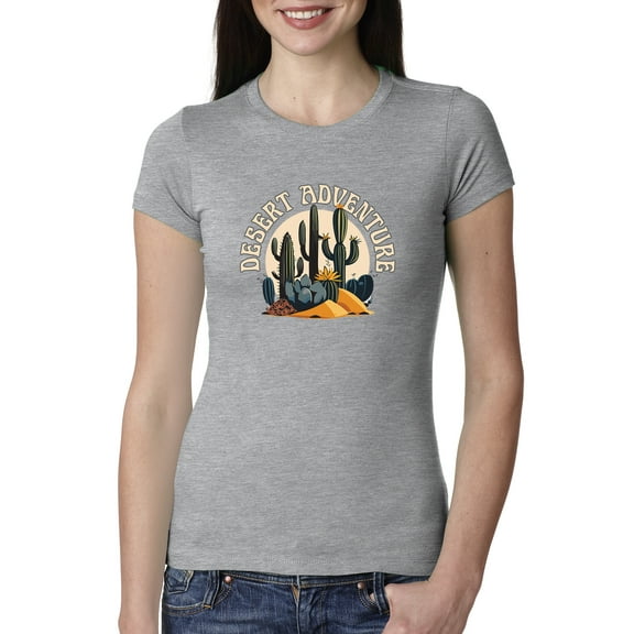 Wild Bobby Desert Adventure Cactus Nature Lover Women Slim Fit Junior Tee, Heather Grey, X-Large