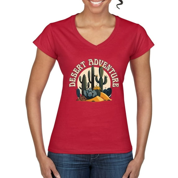 Wild Bobby Desert Adventure Cactus Nature Lover Women Standard V-Neck Tee, Red, Small