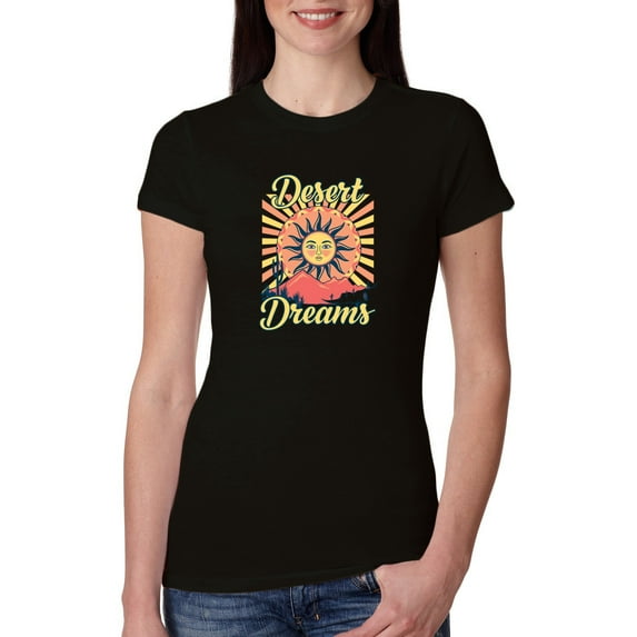Wild Bobby Desert Dreams Sunset Nature Lover Women Slim Fit Junior Tee, Black, Small