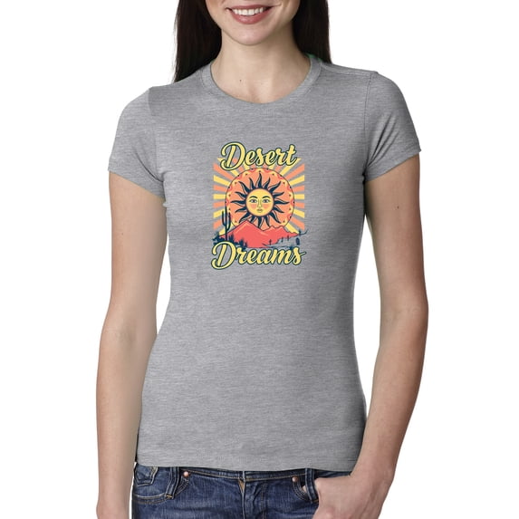 Wild Bobby Desert Dreams Sunset Nature Lover Women Slim Fit Junior Tee, Heather Grey, Large