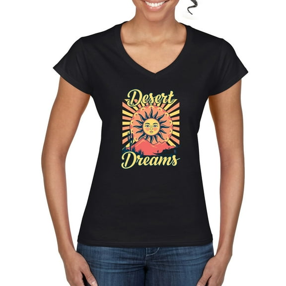 Wild Bobby Desert Dreams Sunset Nature Lover Women Standard V-Neck Tee, Black, Small