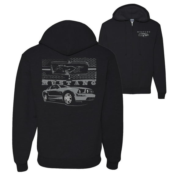 Wild Bobby,Distressed Ford Mustang Front Grill Cars and Trucks Front and Back Graphic Zip Up Hoodie Sweatshirt, Black, Small