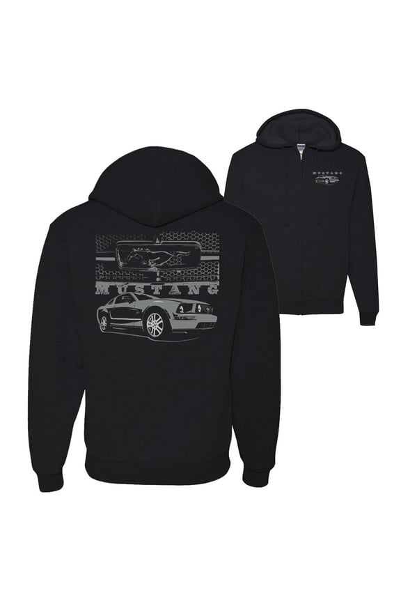 ,Distressed Ford Mustang Front Grill Cars and Trucks Front and Back Graphic Zip Up Hoodie Sweatshirt, Black, Small