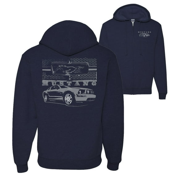 Wild Bobby,Distressed Ford Mustang Front Grill Cars and Trucks Front and Back Graphic Zip Up Hoodie Sweatshirt, Navy, Medium