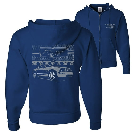 Wild Bobby,Distressed Ford Mustang Front Grill Cars and Trucks Front and Back Graphic Zip Up Hoodie Sweatshirt, Royal, Large