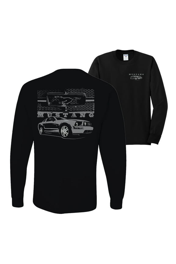 ,Distressed Ford Mustang Front Grill Cars and Trucks Front and Back Mens Long Sleeve Shirt, Black, Small