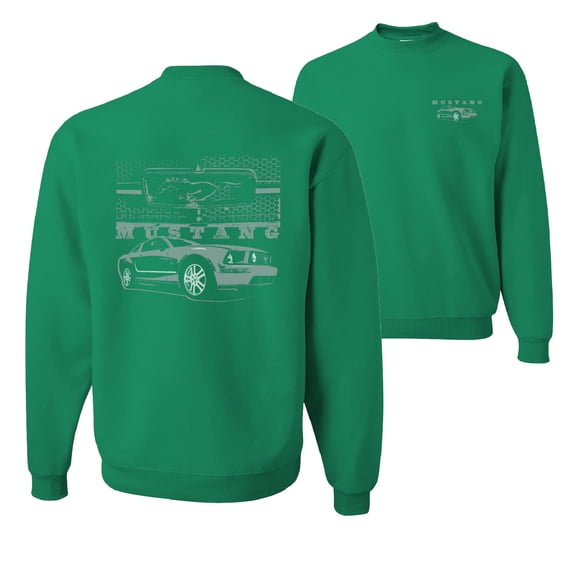 Wild Bobby, Distressed Ford Mustang Front Grill, Cars and Trucks, Front and Back Unisex Crewneck Graphic Sweatshirt, Kelly, Large