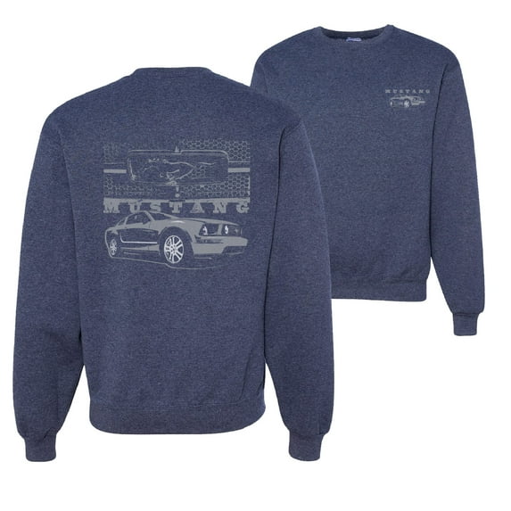 Wild Bobby, Distressed Ford Mustang Front Grill, Cars and Trucks, Front and Back Unisex Crewneck Graphic Sweatshirt, Vintage Heather Navy, Large