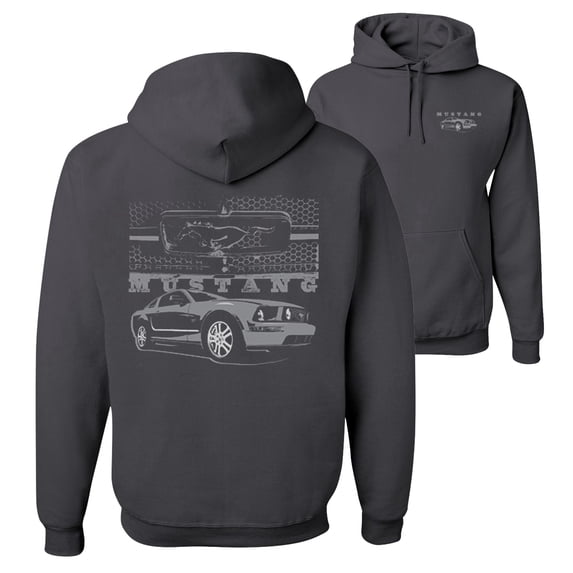 Wild Bobby,Distressed Ford Mustang Front Grill Cars and Trucks Front and Back Unisex Graphic Hoodie Sweatshirt, Charcoal, Large