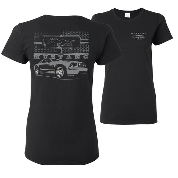 Wild Bobby,Distressed Ford Mustang Front Grill Cars and Trucks Front and Back Womens Graphic T-Shirt, Black, Small