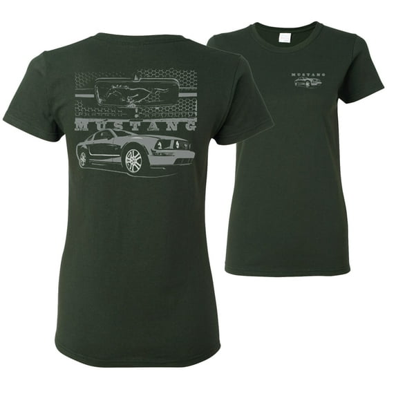 Wild Bobby,Distressed Ford Mustang Front Grill Cars and Trucks Front and Back Womens Graphic T-Shirt, Forest Green, Medium
