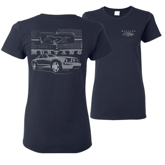 Wild Bobby,Distressed Ford Mustang Front Grill Cars and Trucks Front and Back Womens Graphic T-Shirt, Navy, Small