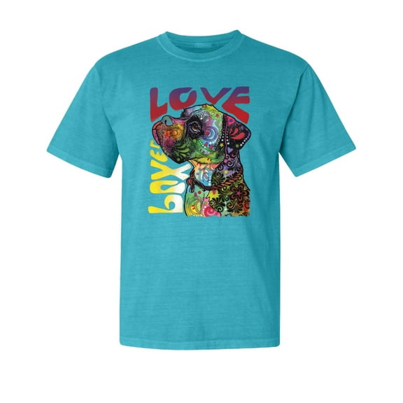 Wild Bobby,Dog Love Cute Rainbow Dean Russo Dog Lover Garment-Dyed Washed Look Short Sleeve Tees, Blue Lagoon, Small