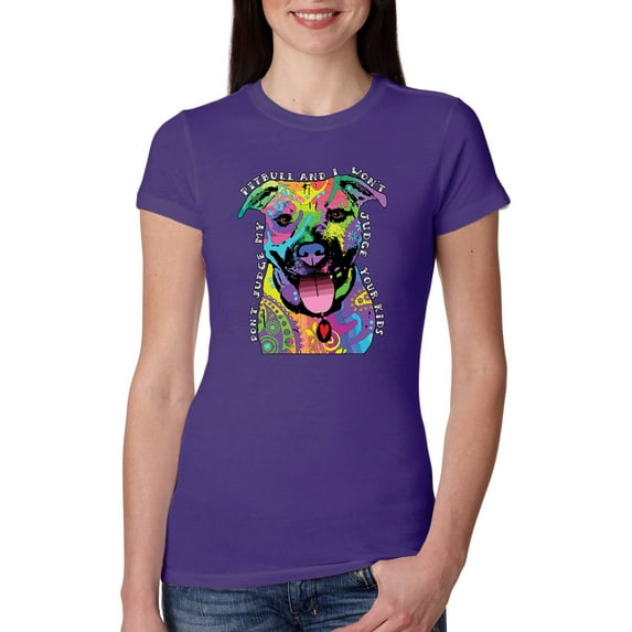 Don't Judge My Pitbull I Won't Judge Your Kids Funny Dog Lover Womens Slim Fit Junior Tee, Purple Rush, Large