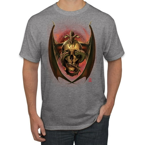 Wild Bobby, Dragon Sitting on Skull, Pop Culture, Men Graphic Tees, Heather Grey, Small