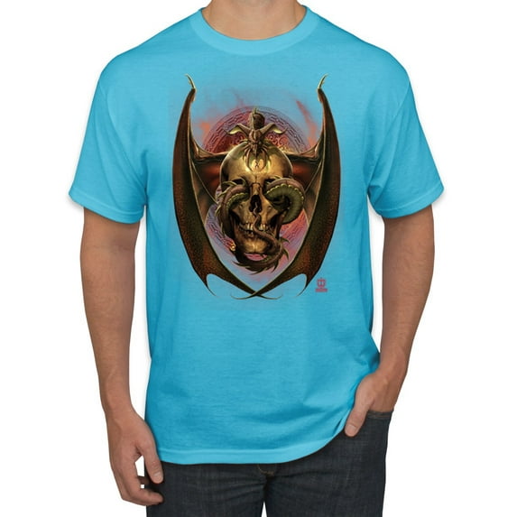 Wild Bobby, Dragon Sitting on Skull, Pop Culture, Men Graphic Tees, Light Turquoise, 5XL