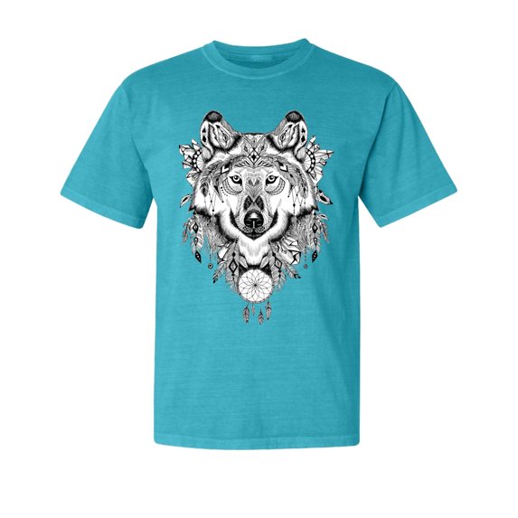 Wild Bobby, Drawn Tribal Wolf, Animal Lover, Garment-Dyed Washed Look Short Sleeve T-Shirt, Blue Lagoon, Small