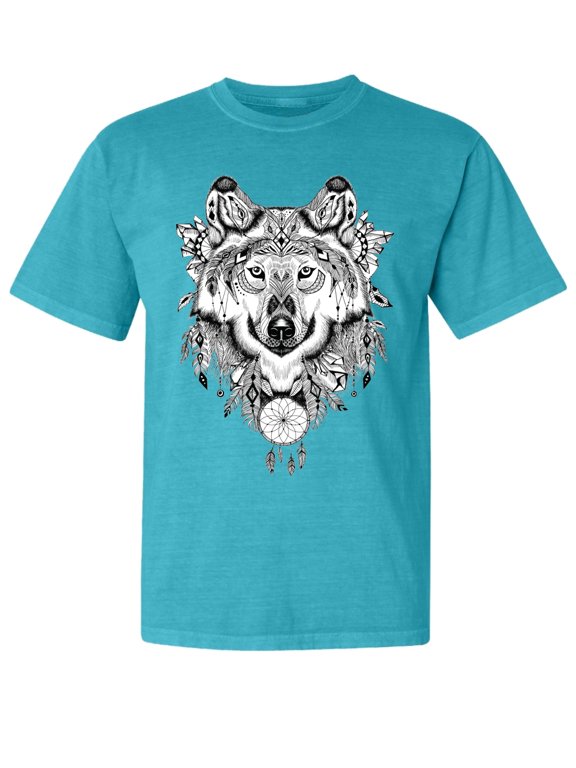 , Drawn Tribal Wolf, Animal Lover, Garment-Dyed Washed Look Short Sleeve T-Shirt, Blue Lagoon, Small