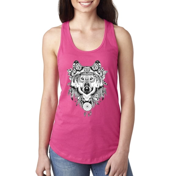 Wild Bobby, Drawn Tribal Wolf Animal Lover Ladies Racerback Tank Top, Raspberry, X-Large
