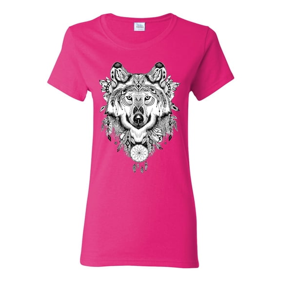 Wild Bobby, Drawn Tribal Wolf Animal Lover Womens Graphic T-Shirt, Fuschia, Medium