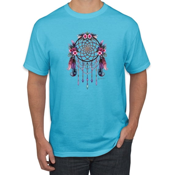 Wild Bobby, Dreamcatcher with Flowers, Pop Culture, Men Graphic Tees, Light Turquoise, X-Large