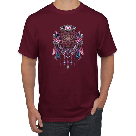 Wild Bobby, Dreamcatcher with Flowers, Pop Culture, Men Graphic Tees, Maroon, Large