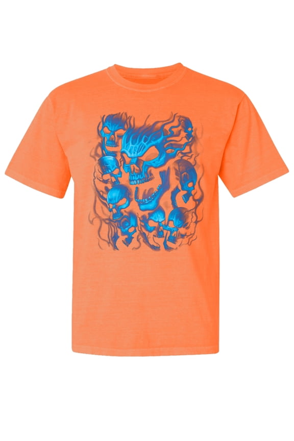 , Dripping 3D Blue Flaming Skulls, Streetwear, Garment-Dyed Washed Look Short Sleeve T-Shirt, Neon Orange, X-Large
