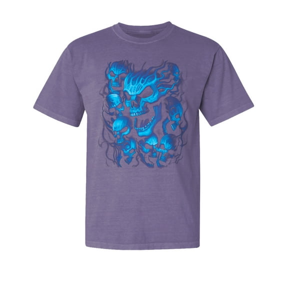 Wild Bobby, Dripping 3D Blue Flaming Skulls, Streetwear, Garment-Dyed Washed Look Short Sleeve T-Shirt, Purple, X-Large