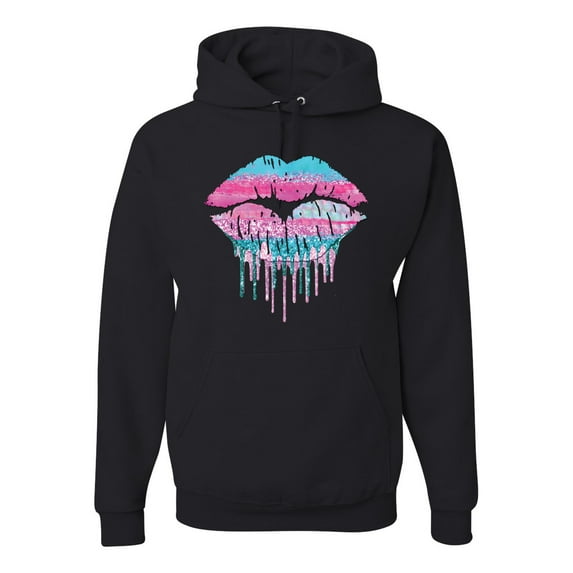 Wild Bobby, Dripping Lipstick Lips Cute Pink Blue Lips Gift Beauty Makeup Lover, Streetwear, Unisex Graphic Hoodie Sweatshirt, Black, Small