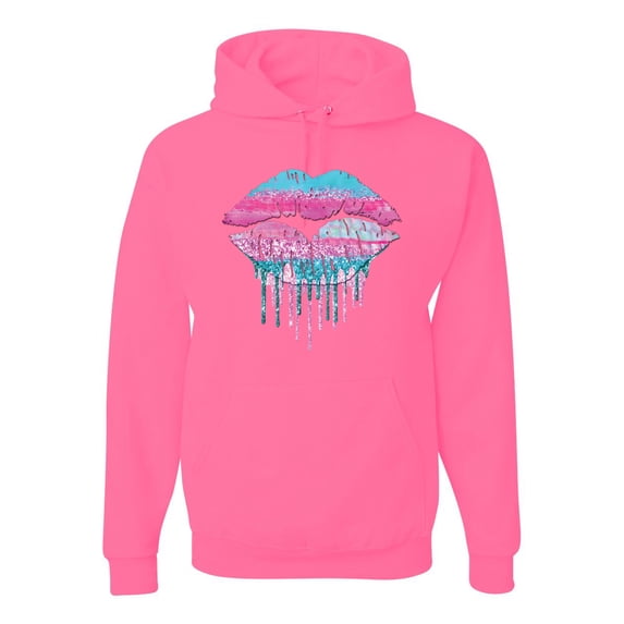 Wild Bobby, Dripping Lipstick Lips Cute Pink Blue Lips Gift Beauty Makeup Lover, Streetwear, Unisex Graphic Hoodie Sweatshirt, Neon Pink, Small