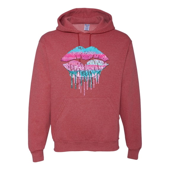 Wild Bobby, Dripping Lipstick Lips Cute Pink Blue Lips Gift Beauty Makeup Lover, Streetwear, Unisex Graphic Hoodie Sweatshirt, Vintage Heather Red, X-Large