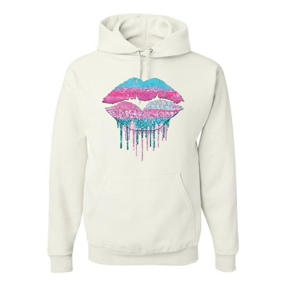 Wild Bobby, Dripping Lipstick Lips Cute Pink Blue Lips Gift Beauty Makeup Lover, Streetwear, Unisex Graphic Hoodie Sweatshirt, White, 3XL