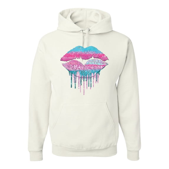Wild Bobby, Dripping Lipstick Lips Cute Pink Blue Lips Gift Beauty Makeup Lover, Streetwear, Unisex Graphic Hoodie Sweatshirt, White, X-Large