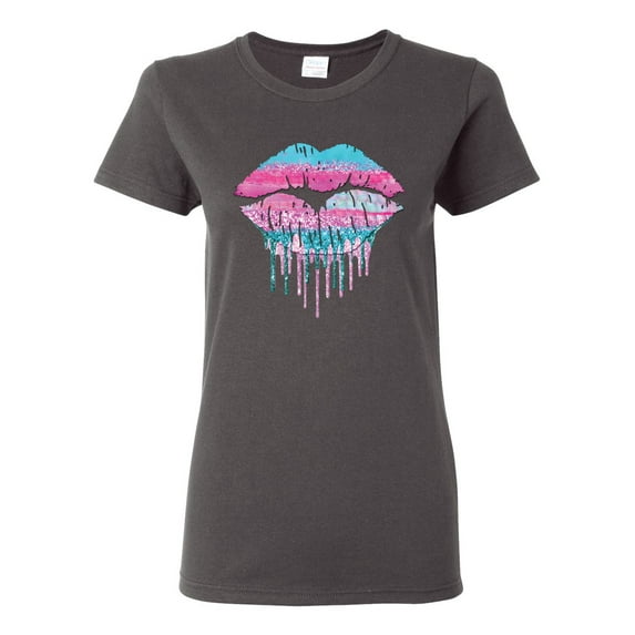 Wild Bobby, Dripping Lipstick Lips Cute Pink Blue Lips Gift Beauty Makeup Lover, Streetwear, Womens Graphic Tees, Charcoal, Small