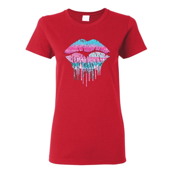 Wild Bobby, Dripping Lipstick Lips Cute Pink Blue Lips Gift Beauty Makeup Lover, Streetwear, Womens Graphic Tees, Red, 3XL
