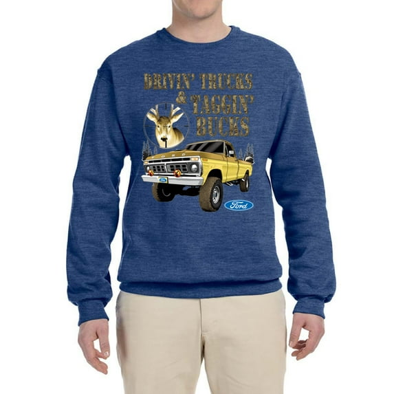 Wild Bobby, Driving Trucks and Taggin Bucks Retro Ford F150 Hunting, Cars and Trucks, Unisex Crewneck Graphic Sweatshirt, Vintage Heather Blue, X-Large