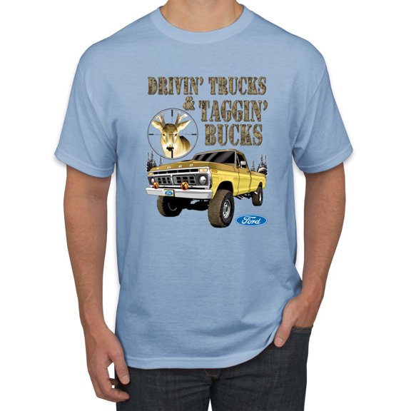 Wild Bobby, Driving Trucks and Taggin Bucks Retro Ford F150 Hunting, Cars and Trucks, Men Graphic Tee, Light Blue, Small