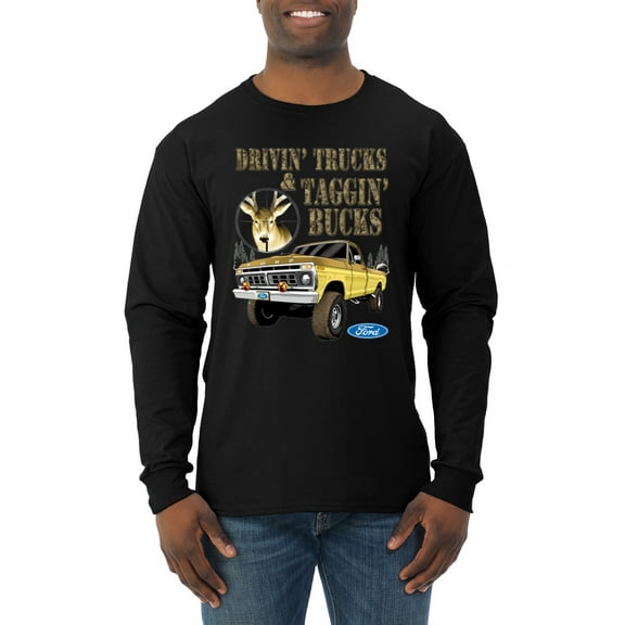 Wild Bobby, Driving Trucks and Taggin Bucks Retro Ford F150 Hunting, Cars and Trucks, Men Long Sleeve Shirt, Black, X-Large