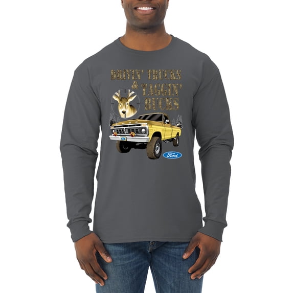 Wild Bobby, Driving Trucks and Taggin Bucks Retro Ford F150 Hunting, Cars and Trucks, Men Long Sleeve Shirt, Charcoal, Large