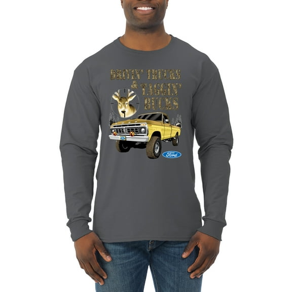 Wild Bobby, Driving Trucks and Taggin Bucks Retro Ford F150 Hunting, Cars and Trucks, Men Long Sleeve Shirt, Charcoal, Medium