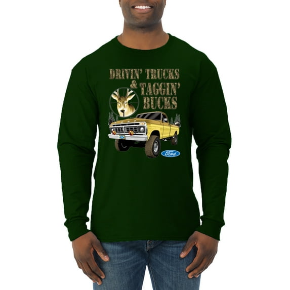 Wild Bobby, Driving Trucks and Taggin Bucks Retro Ford F150 Hunting, Cars and Trucks, Men Long Sleeve Shirt, Forest Green, 3X-Large