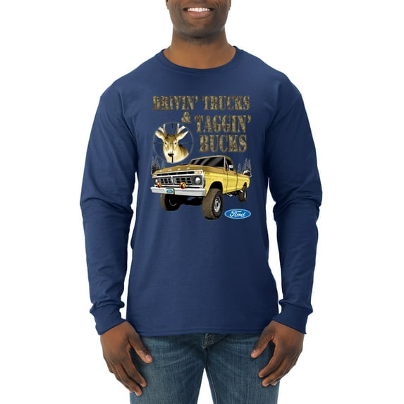 Wild Bobby, Driving Trucks and Taggin Bucks Retro Ford F150 Hunting, Cars and Trucks, Men Long Sleeve Shirt, Navy, 3X-Large