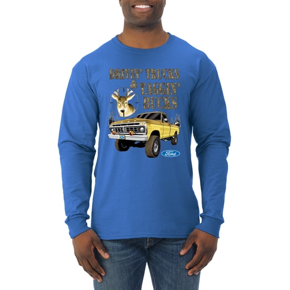 Wild Bobby, Driving Trucks and Taggin Bucks Retro Ford F150 Hunting, Cars and Trucks, Men Long Sleeve Shirt, Royal, Large