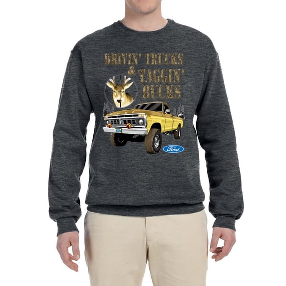 Wild Bobby, Driving Trucks and Taggin Bucks Retro Ford F150 Hunting, Cars and Trucks, Unisex Crewneck Graphic Sweatshirt, Charcoal, XX-Large