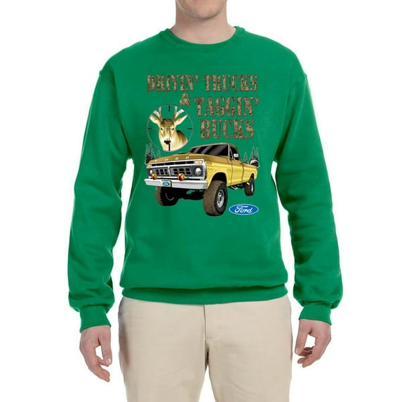 Wild Bobby, Driving Trucks and Taggin Bucks Retro Ford F150 Hunting, Cars and Trucks, Unisex Crewneck Graphic Sweatshirt, Kelly, 4X-Large