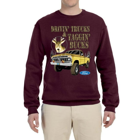 Wild Bobby, Driving Trucks and Taggin Bucks Retro Ford F150 Hunting, Cars and Trucks, Unisex Crewneck Graphic Sweatshirt, Maroon, Small